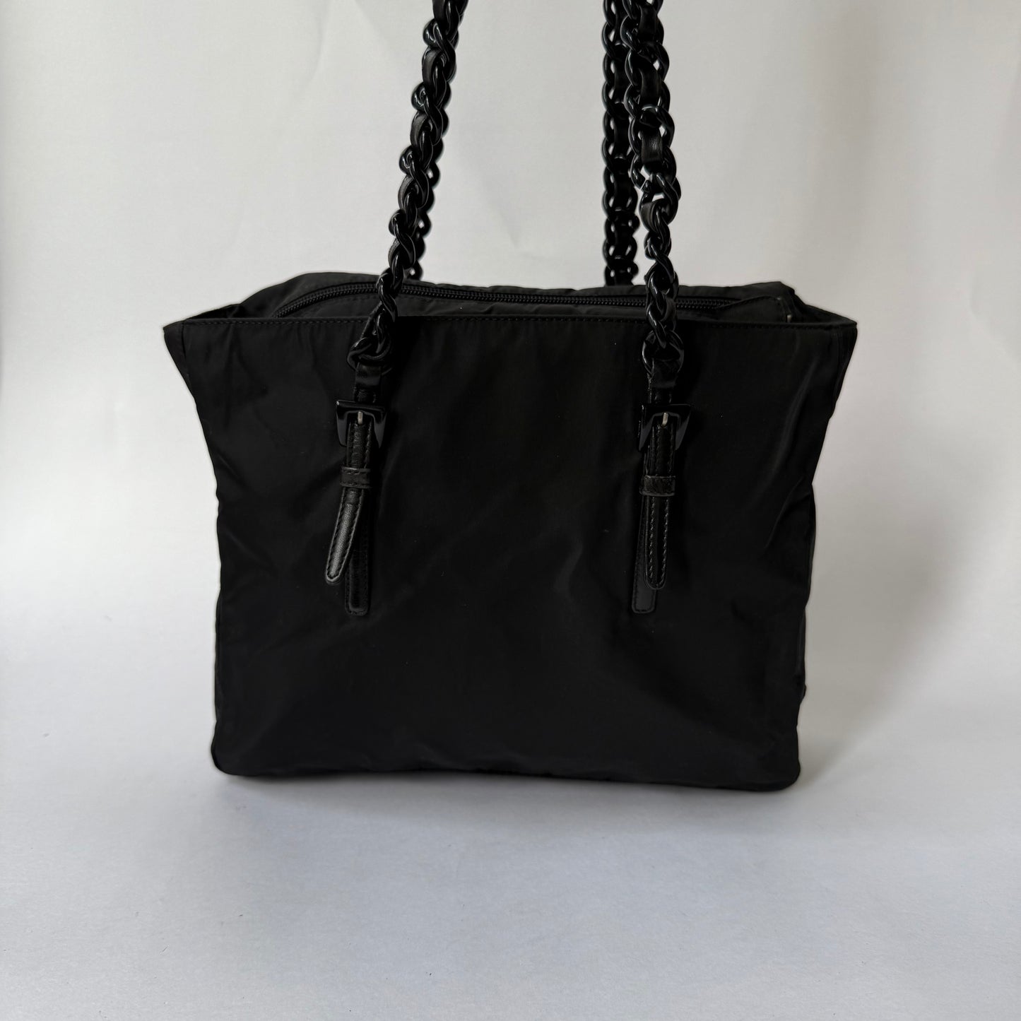 Prada Black Nylon Chain Handle Shoulder Tote Bag