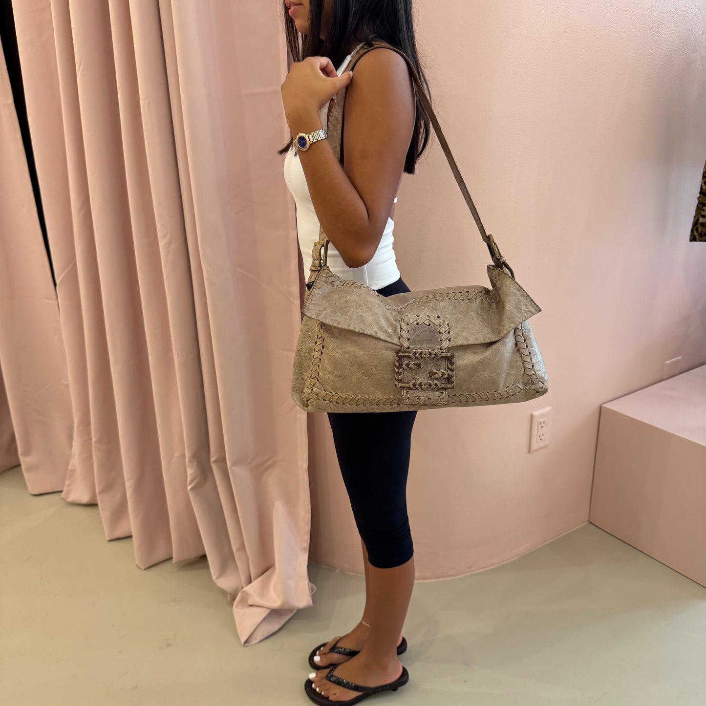 Fendi Beige Leather Maxi Whipstitch Large Baguette Shoulder Bag