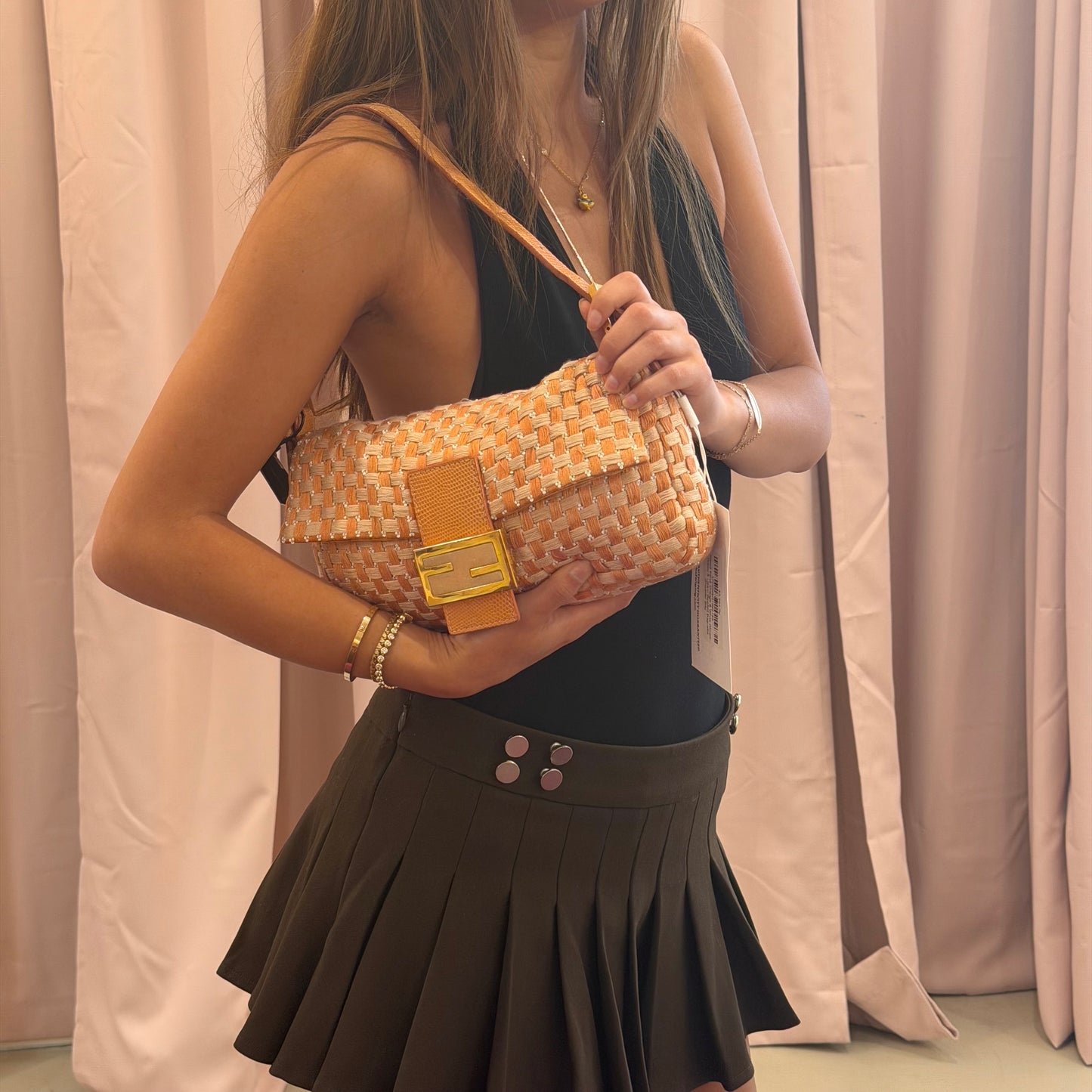 RARE Fendi Orange & White Woven Tweed & Lizard Beaded Baguette Shoulder Bag
