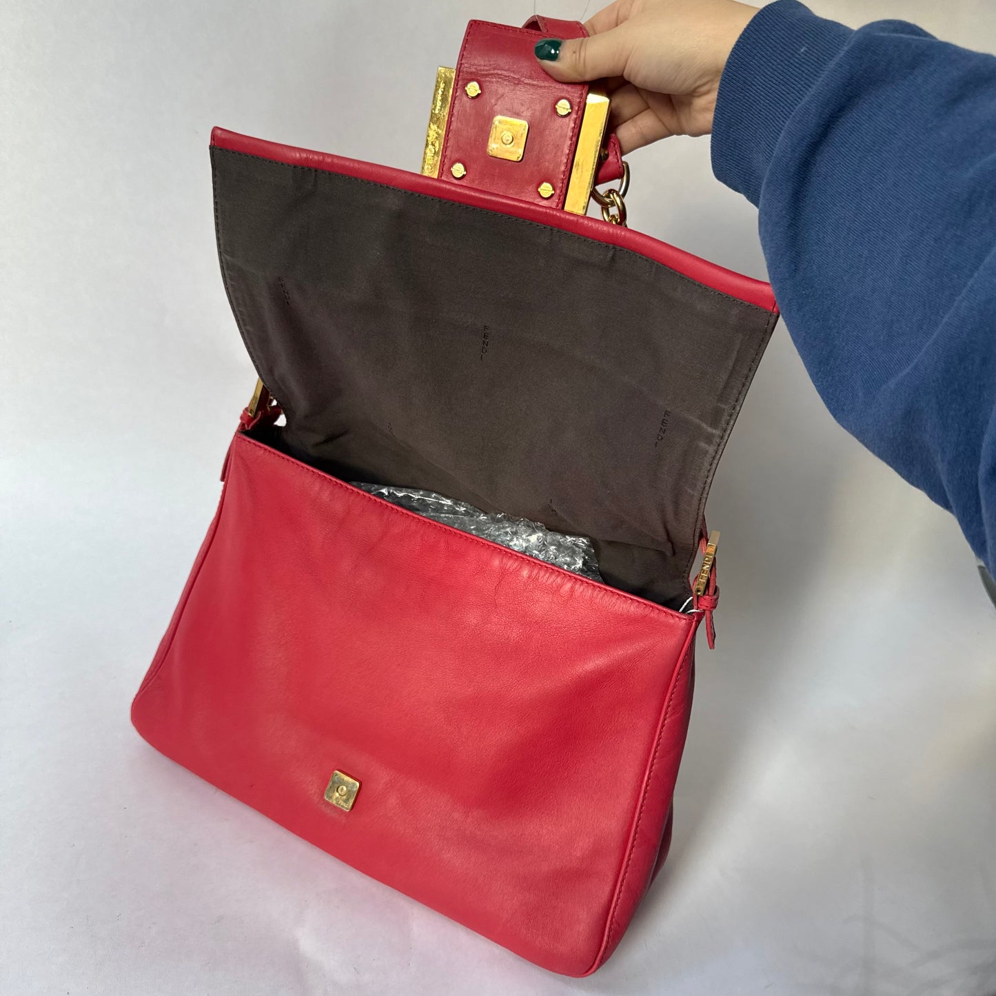 Fendi Red Leather Python Detail Mama Baguette Shoulder Bag