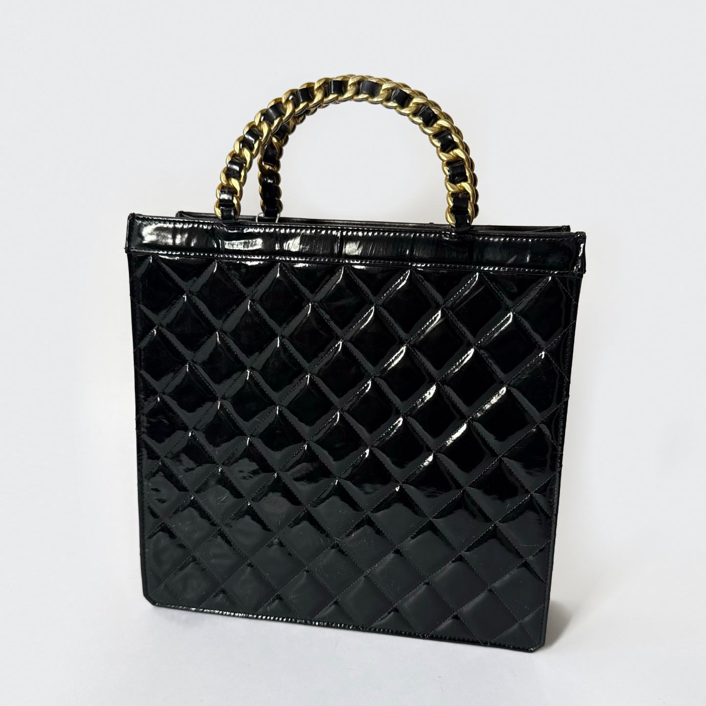 Chanel Black Patent Leather Quilted Top Handle Chain Tote