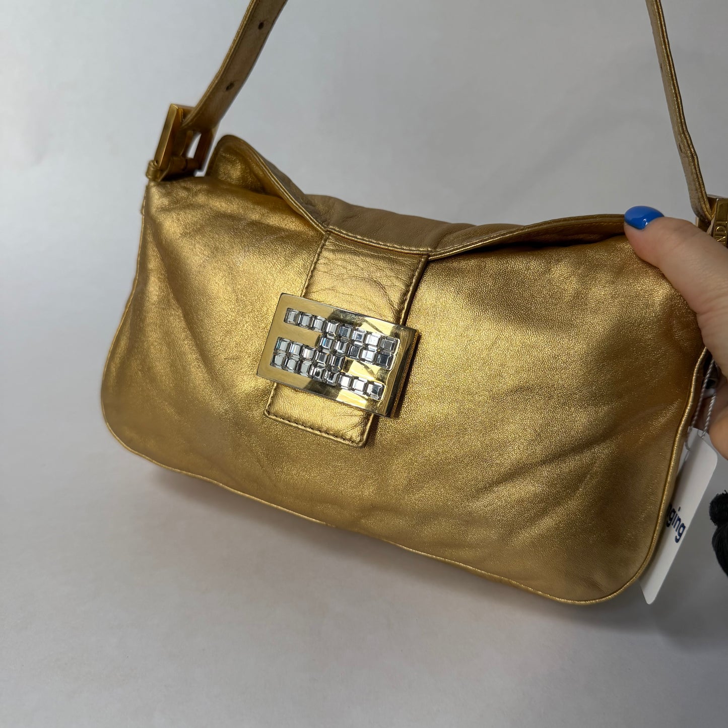 Fendi Gold Metallic Leather Rounded Baguette Shoulder Bag