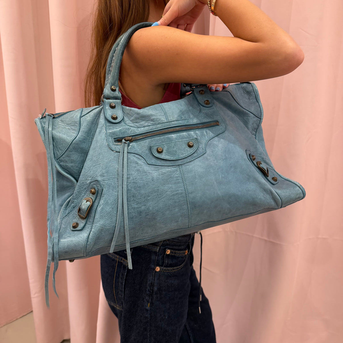 Balenciaga Teal Leather "Work" City Bag Brass HW