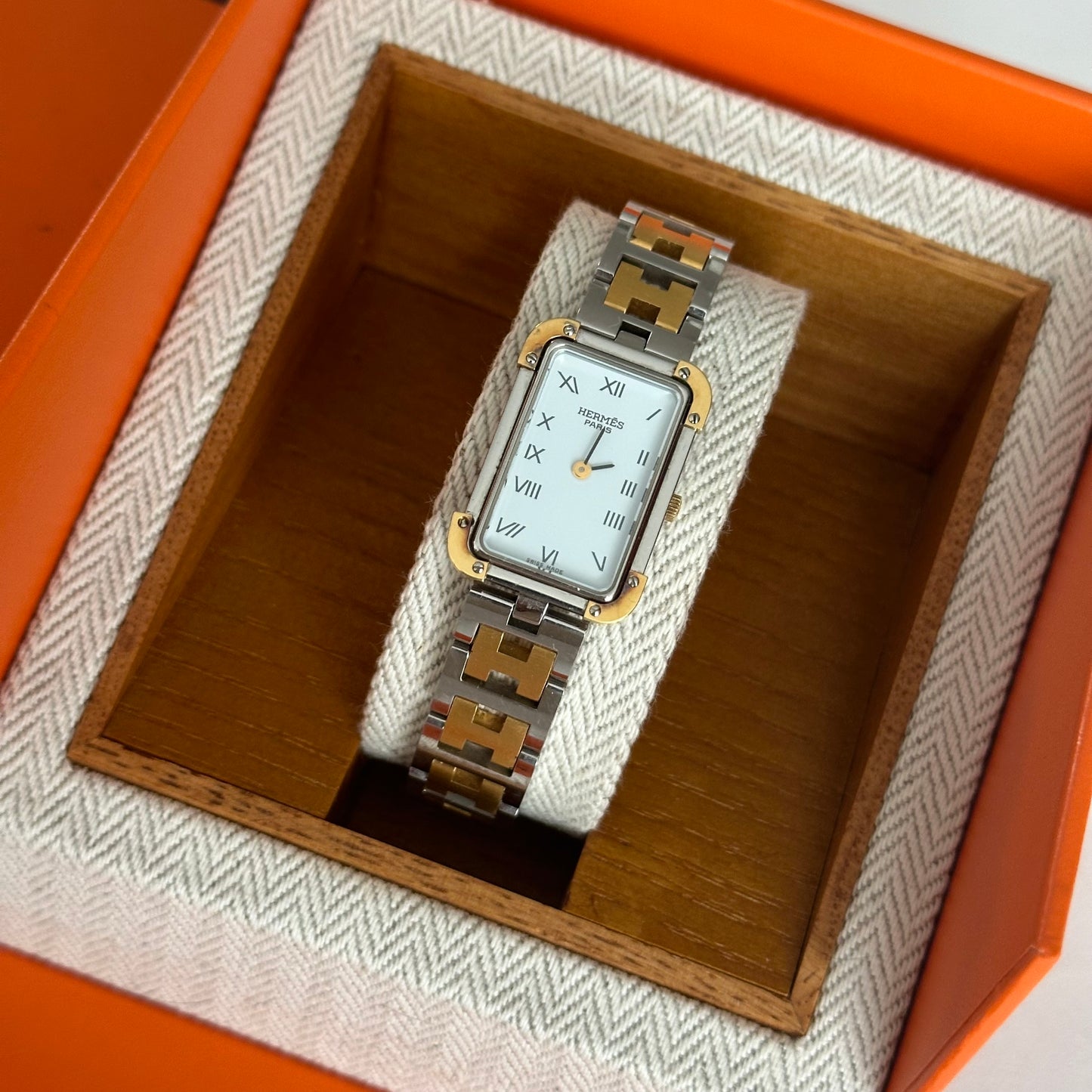 Hermes Croisiere Tank White Dial Two Tone Watch w/ Box