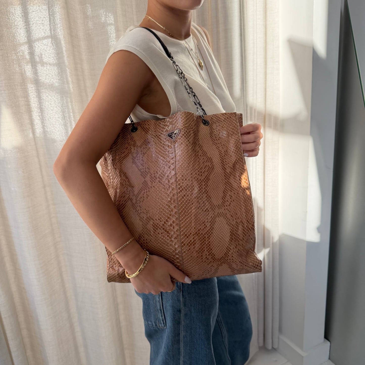 Prada Brown Multicolored Snakeskin Leather Chain Shoulder Bag