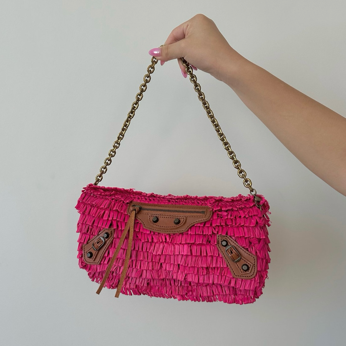 Balenciaga Woven Pink & Beige Panier Large Basket Rafia Tote w/ Mirror