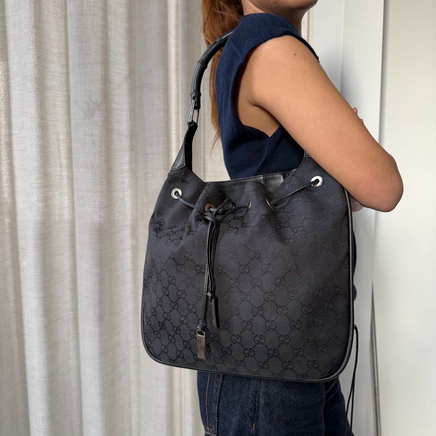 Gucci Black Monogram Bamboo Handle Tote Bag