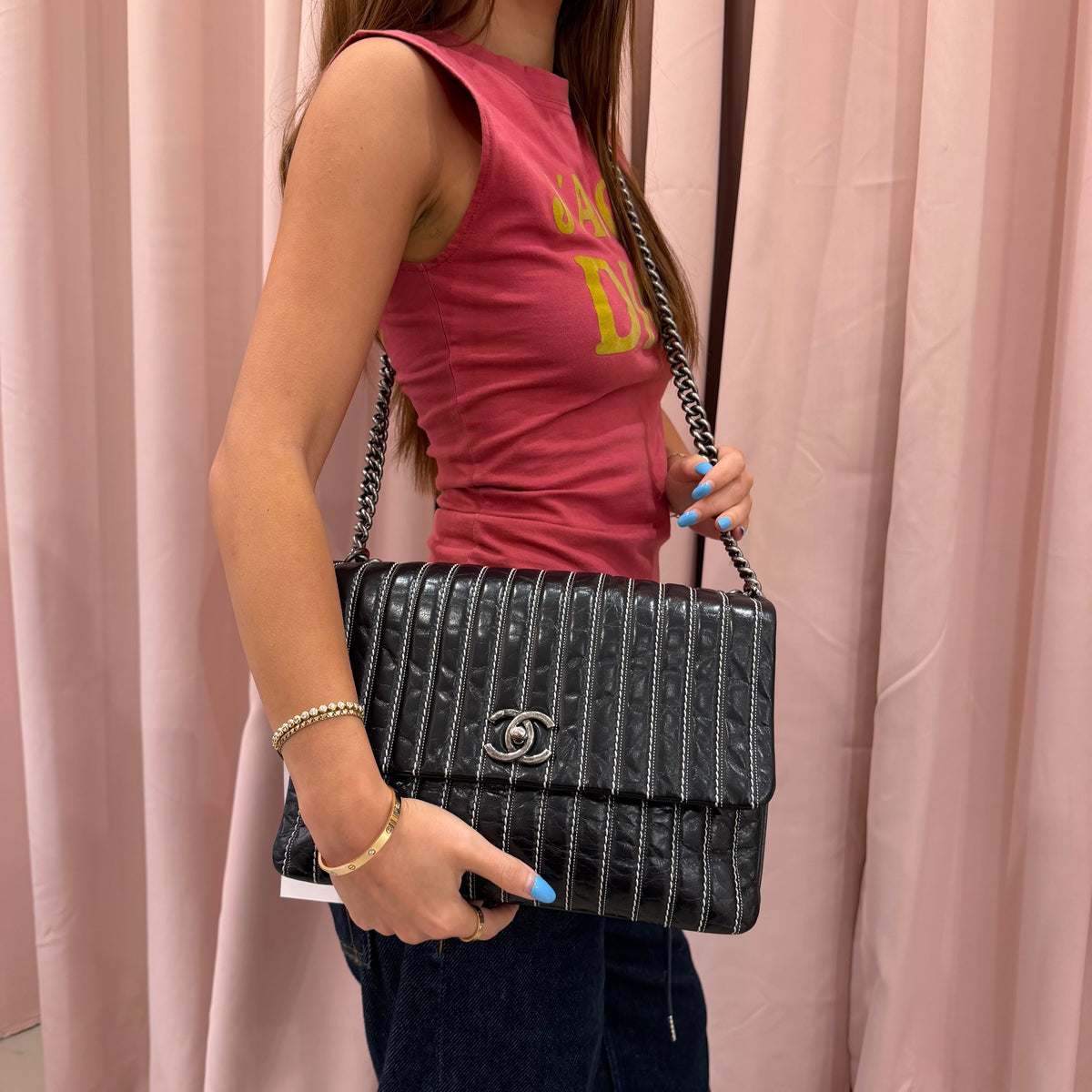 Chanel Black Vertical Stripe Stitch  Flap Bag