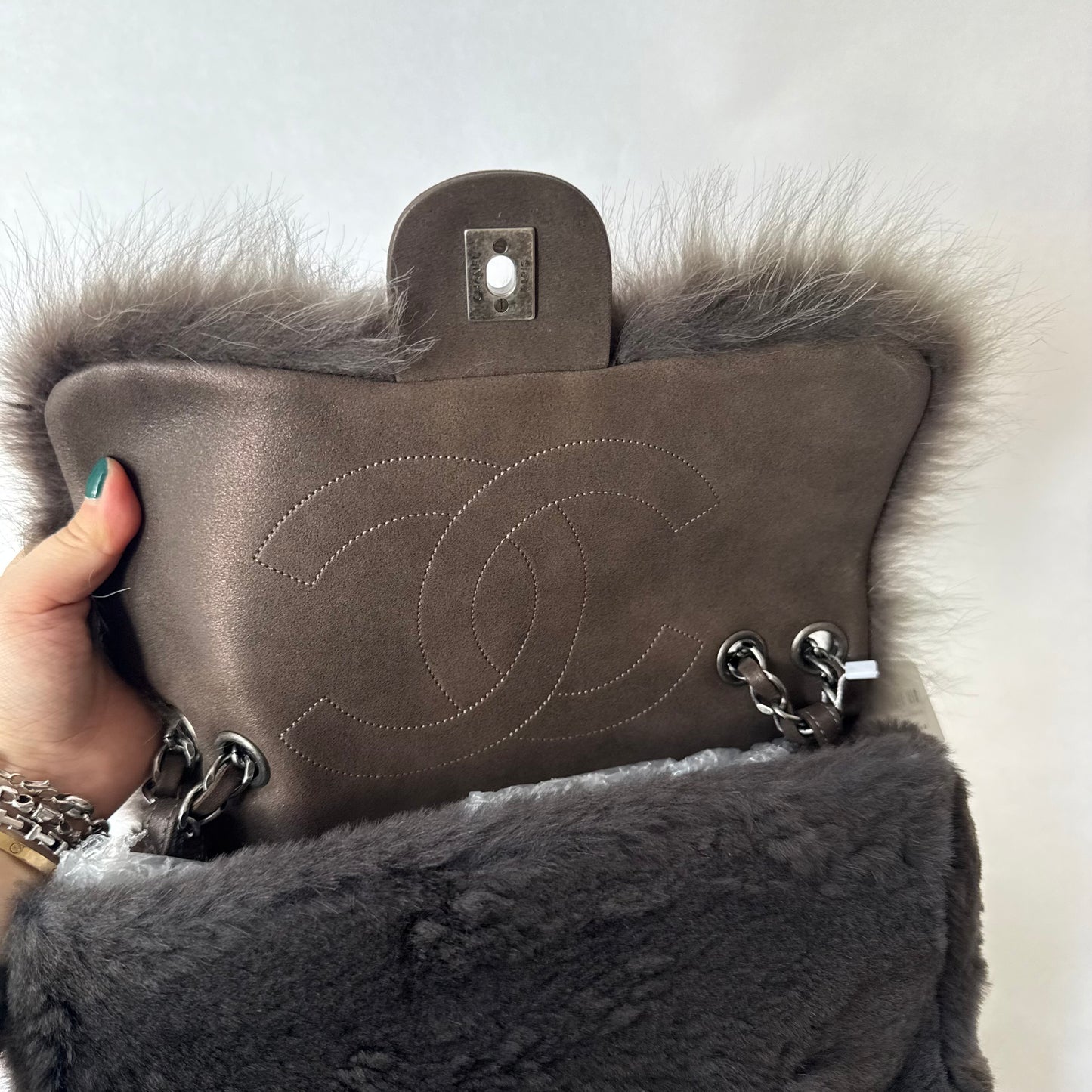 Chanel 2013 Green Ombre Fur Single Large Flap