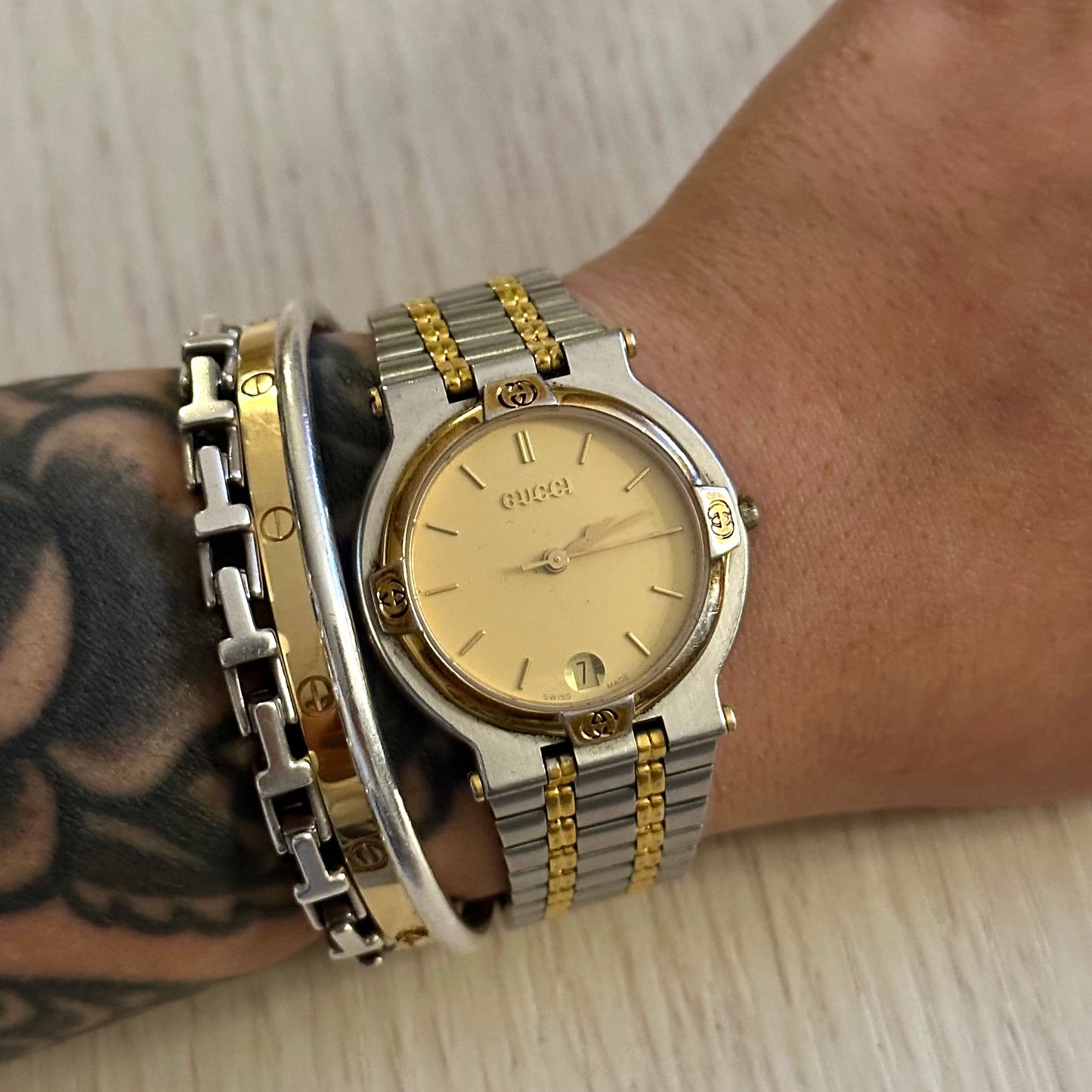 Gucci 32mm Two-Tone Gold Dial Date Watch