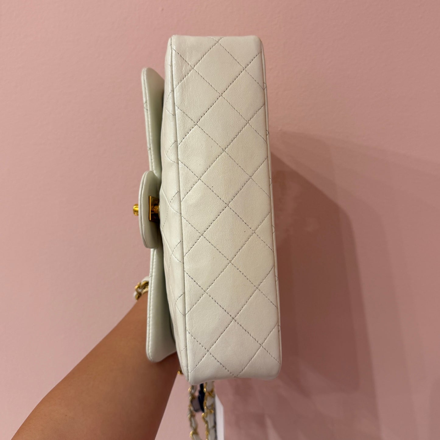 Chanel White Lambskin Leather Quilted Double Flap Shoulder Bag GHW