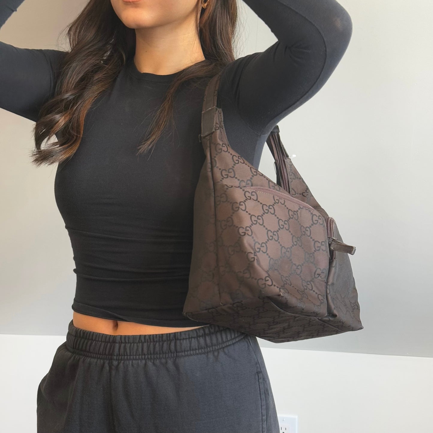 Gucci Dark Brown Nylon Monogram Double Front Pocket Tote Bag