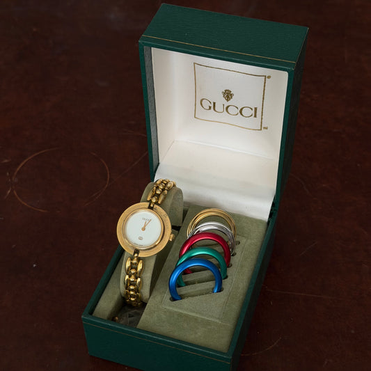 Gucci Gold Rice Link White Dial Bezel Watch w/ 5 Bezels