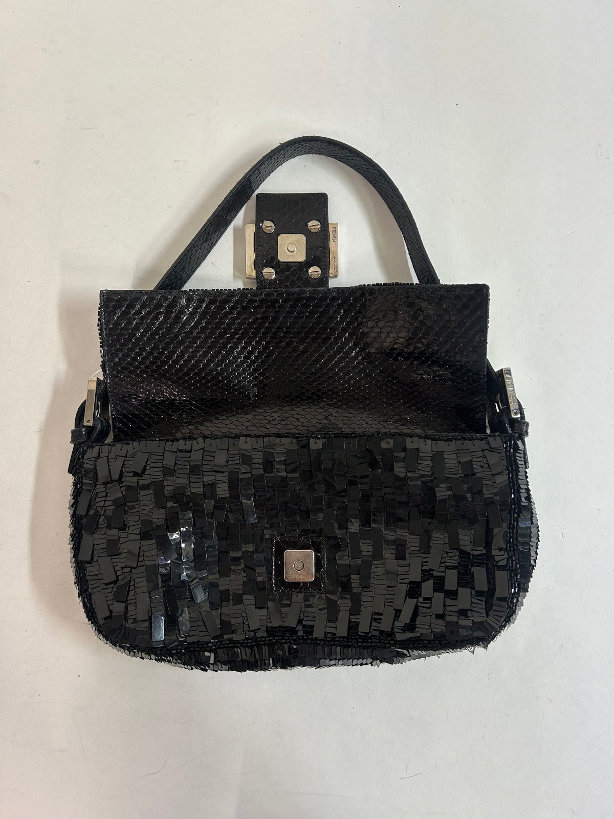 Fendi Black Sequin & Python Baguette Shoulder Bag