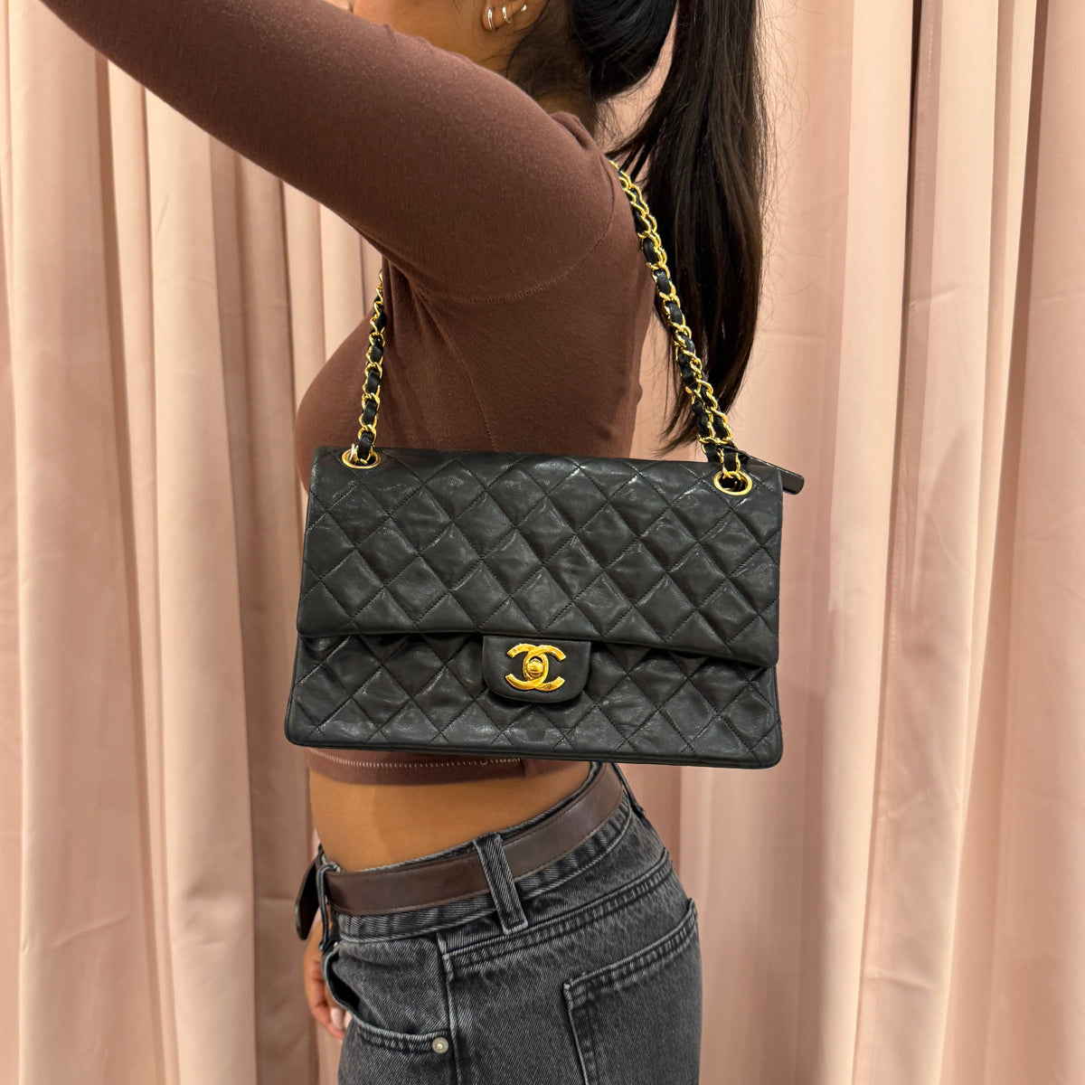 Chanel Black Lambskin Leather Quilted Double Flap Chain Shoulder Bag GHW