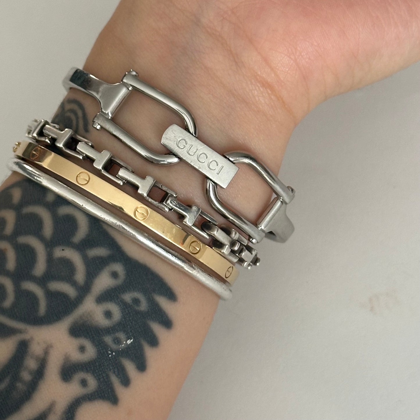 Gucci Silver Black Dial Horsebit Bangle Watch
