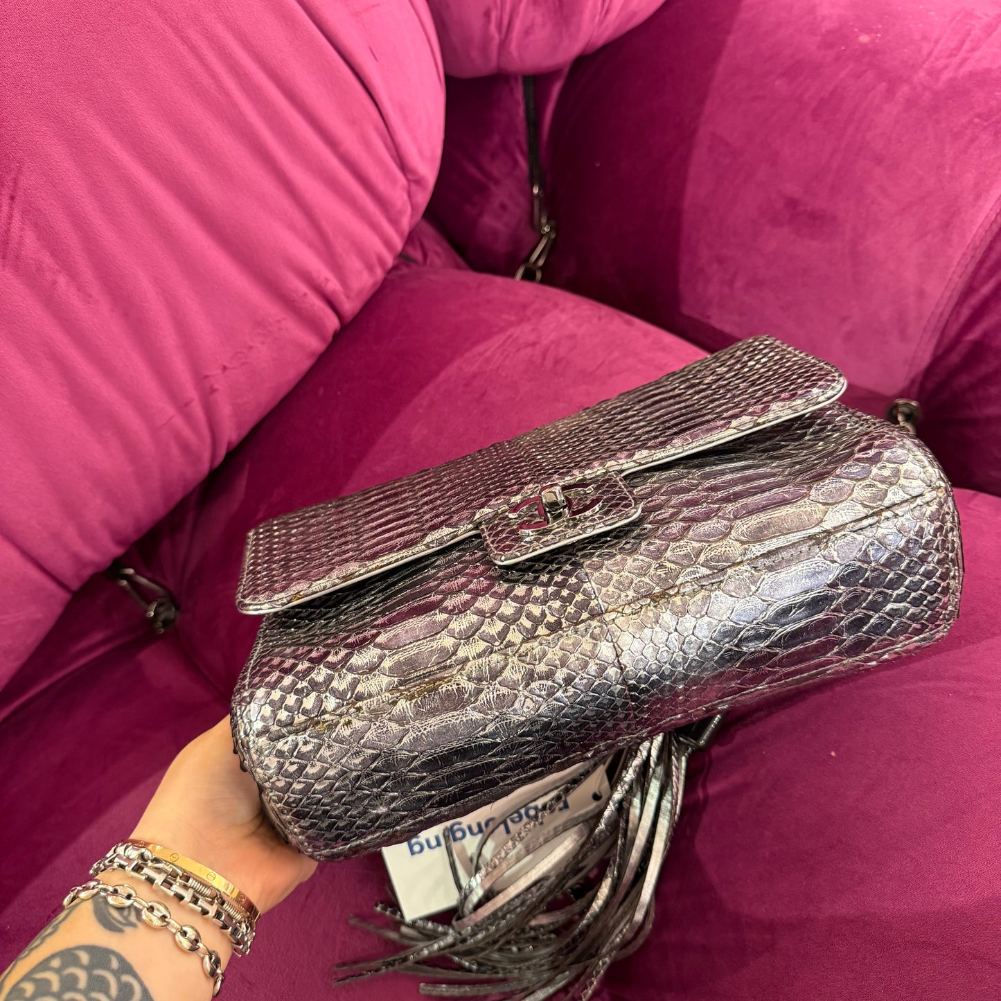 Chanel 2007 Silver Python Soho Tassel Flap Bag