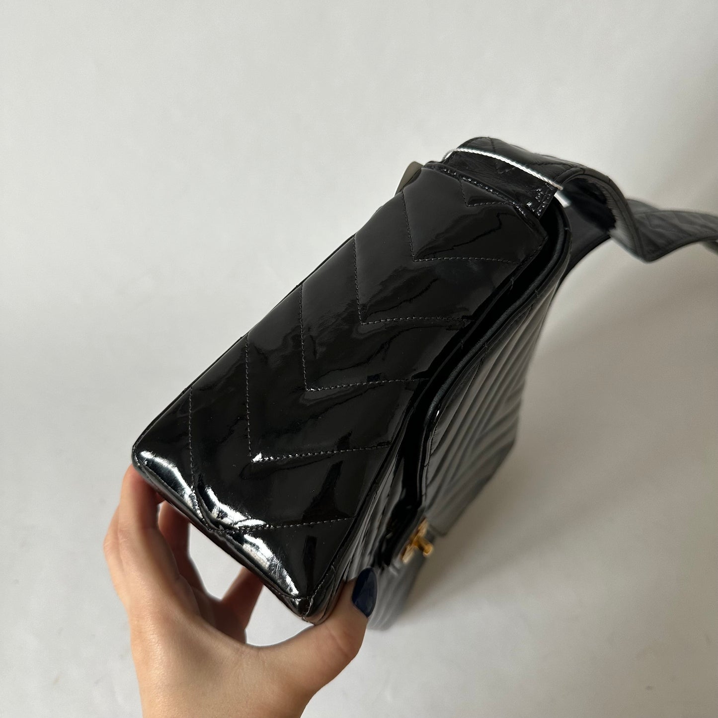 Chanel Black Patent Leather Chevron Shoulder Bag
