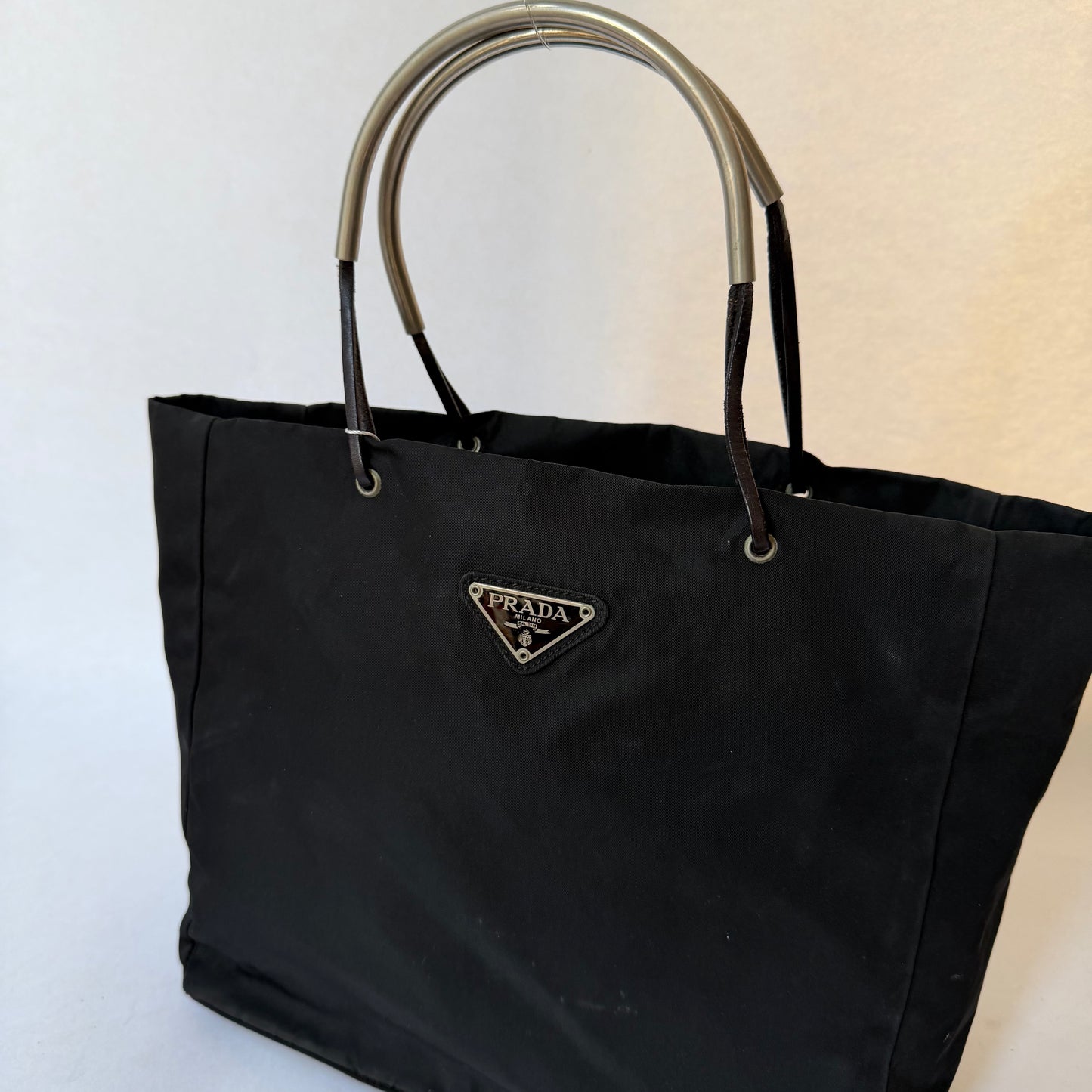 Prada Black Nylon Metal Handle Tote Bag
