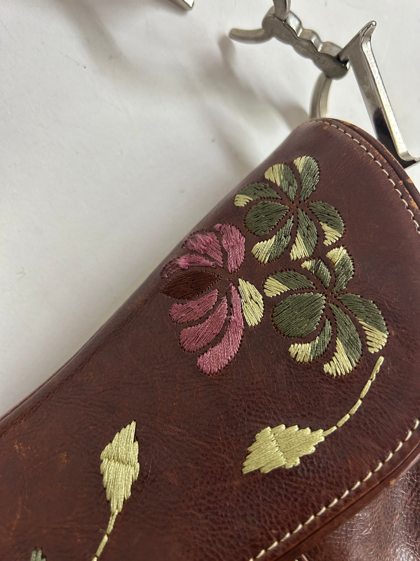 RARE Christian Dior Brown Leather Floral Embroidered Saddle Bag