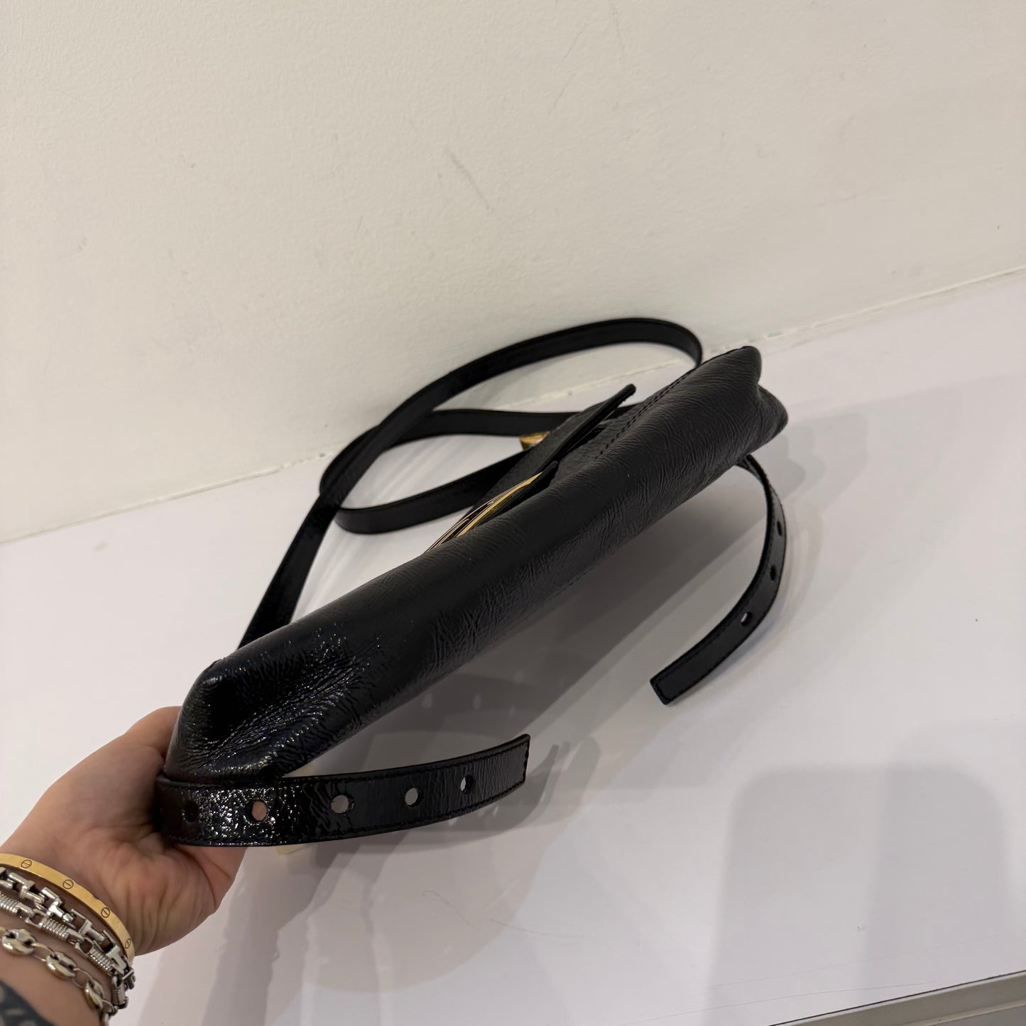 Fendi Black Crinkle Patent Leather Long Strap Baguette
