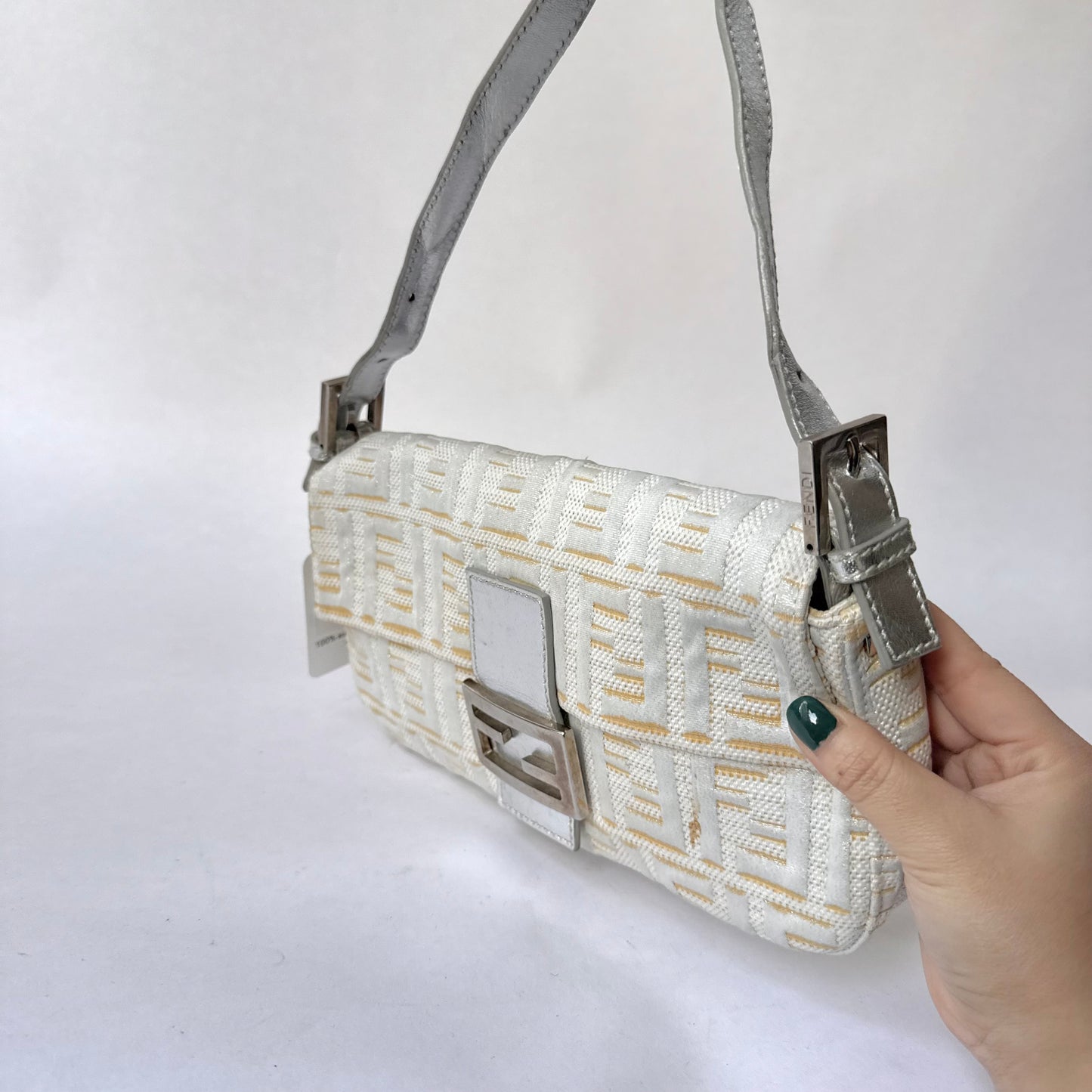 Fendi Cream Metallic Zucca Canvas Baguette Shoulder Bag