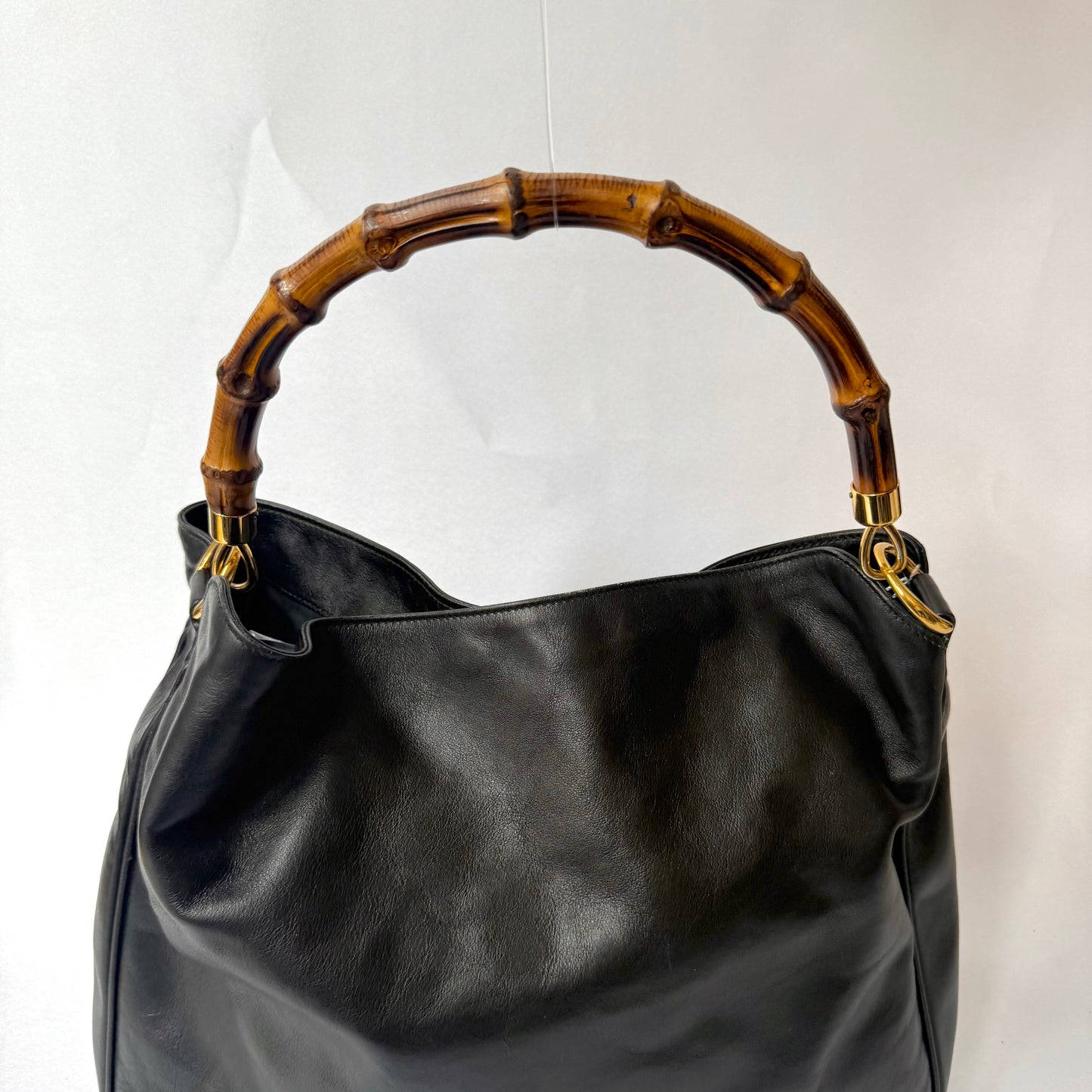 Gucci Black Lambskin Bamboo Handle Shoulder Bag