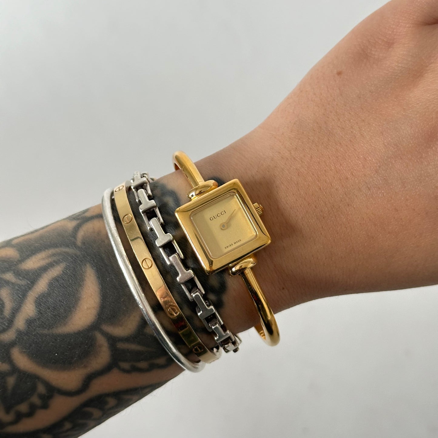 Gucci 18k GP Gold Square Dial Bangle Watch