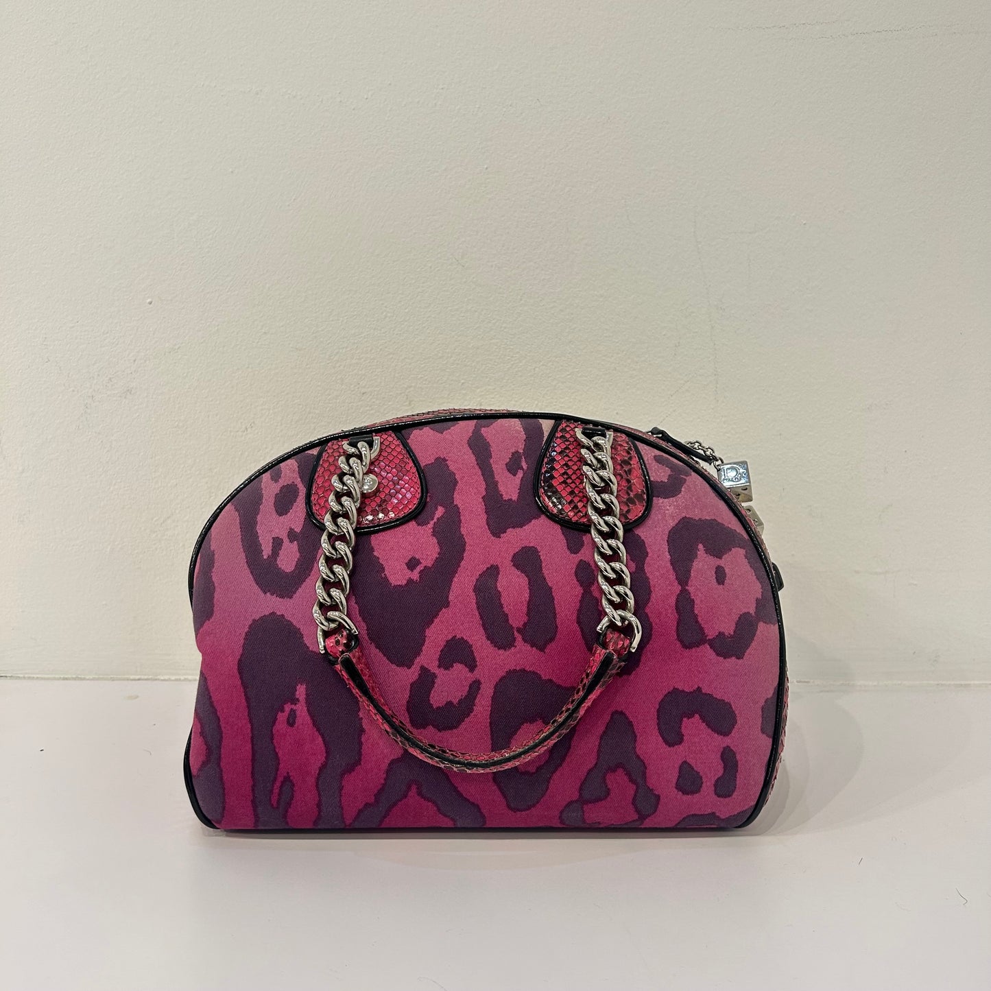 Christian Dior Pink Python Leather & Canvas Cheetah Print Gambler Dice Bowler Bag