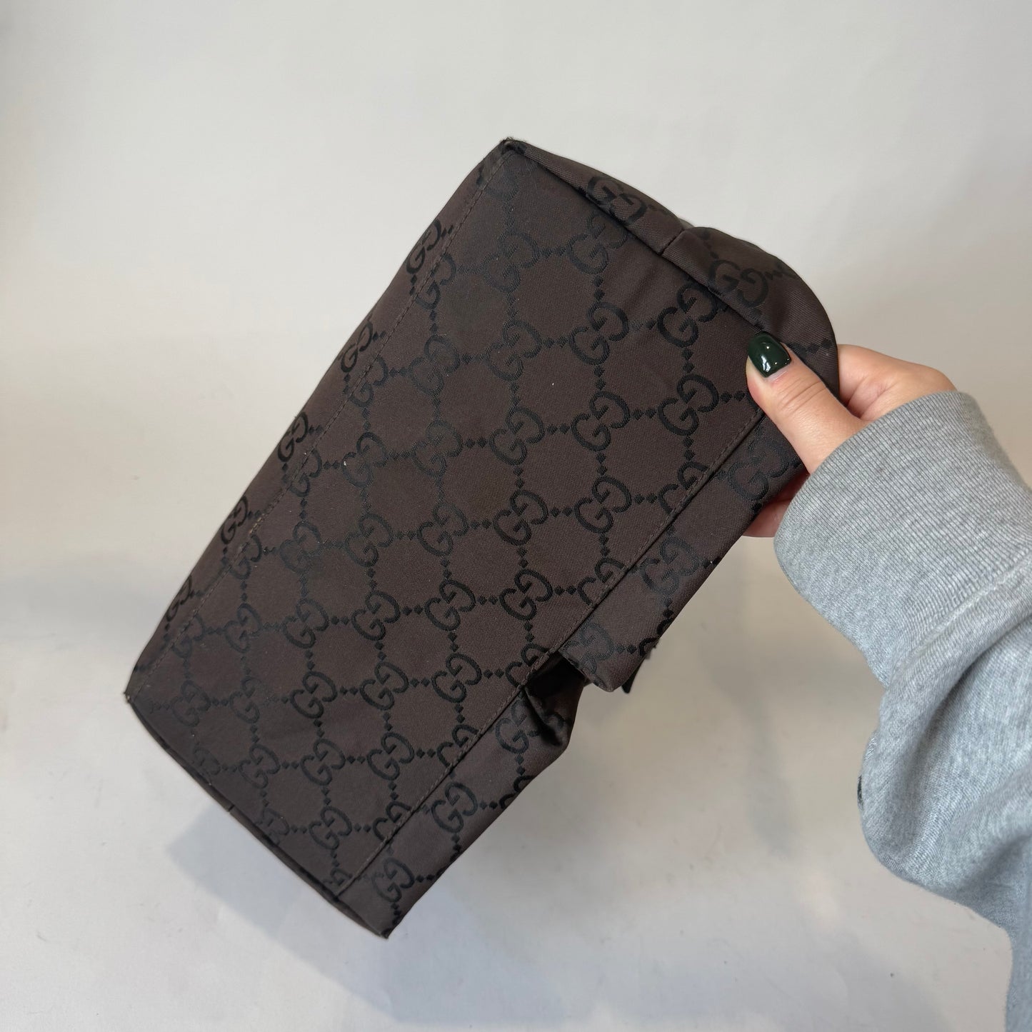 Gucci Dark Brown Nylon Monogram Double Front Pocket Tote Bag
