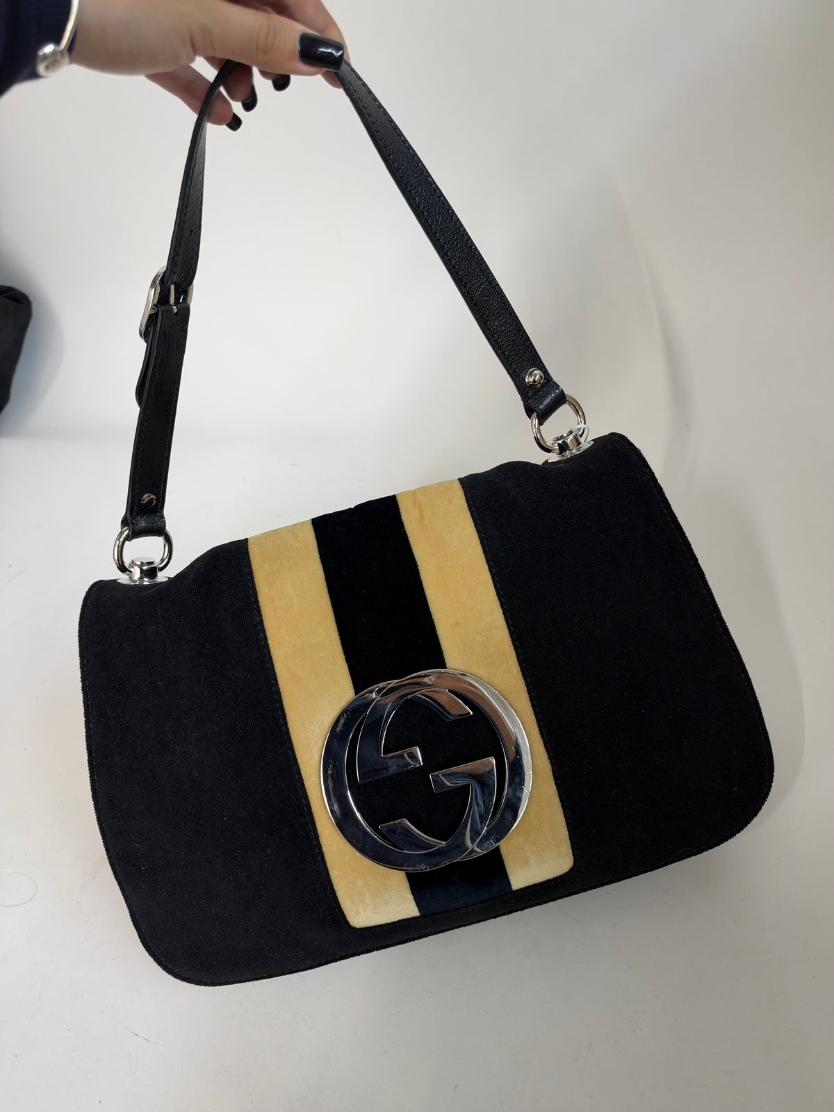 Gucci Black Velour & Leather Blonde Handbag