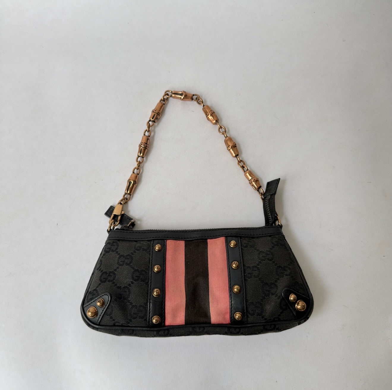 Gucci Black Canvas Monogram Web Bamboo Handle Pochette