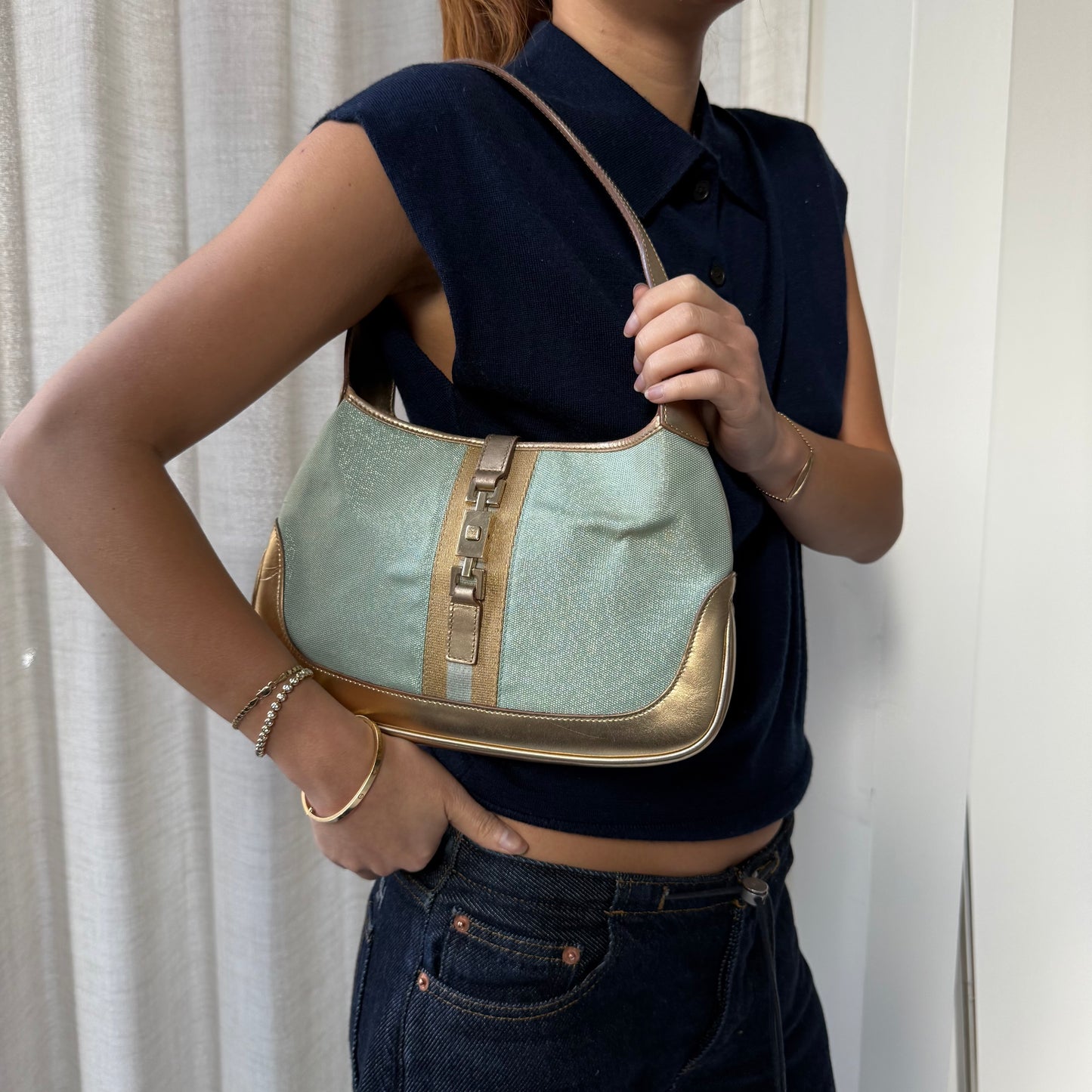 Gucci Teal & Gold Metallic Small Jackie Shoulder Bag