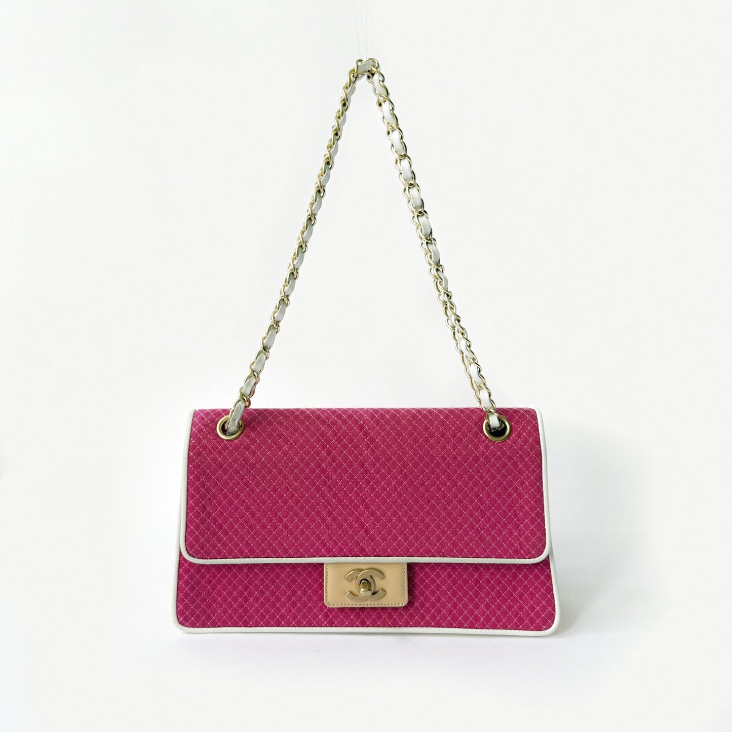 Chanel Pink Jersey & Patent Leather Micro Quilting Double Chain Flap Shoulder Bag