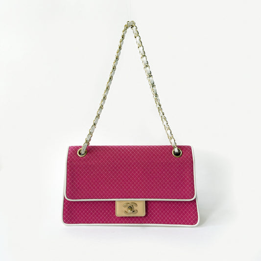 Chanel Pink Jersey & Patent Leather Micro Quilting Double Chain Flap Shoulder Bag