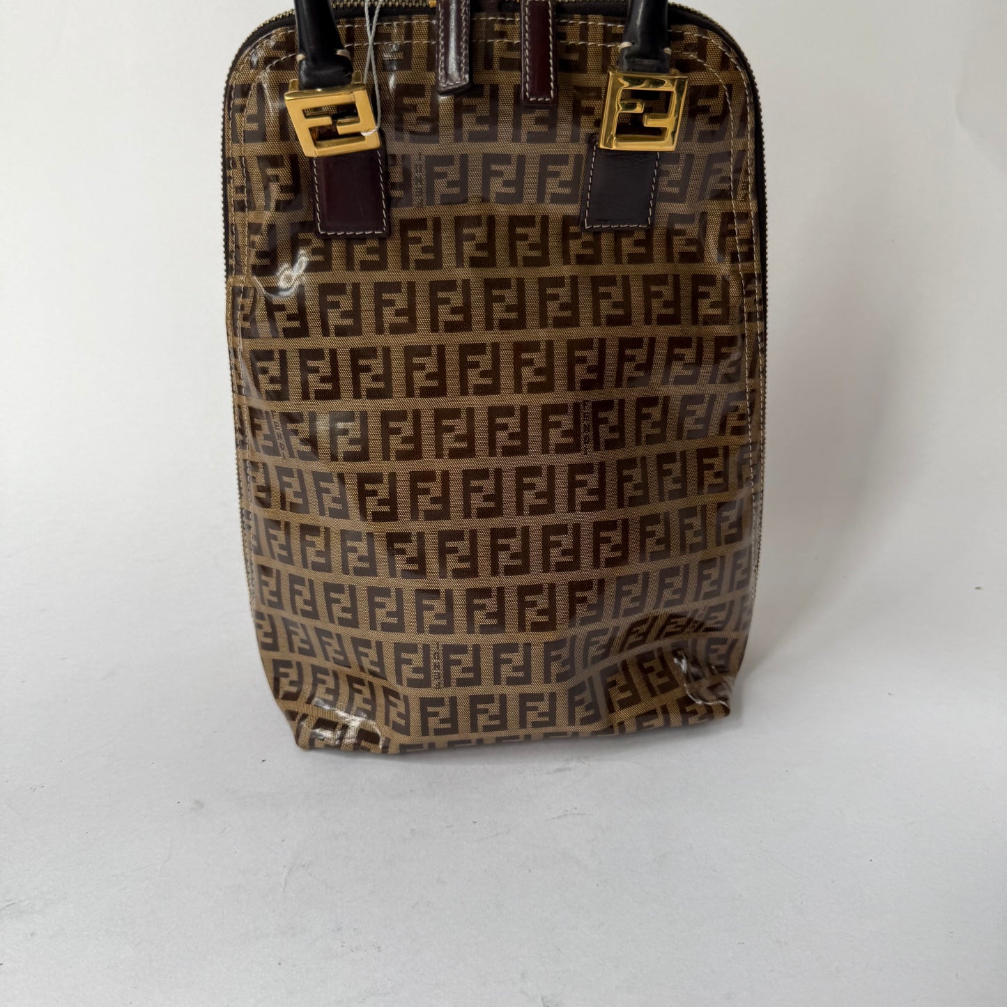 Fendi Brown Zucchino Patent Leather Vertical Bowler Bag