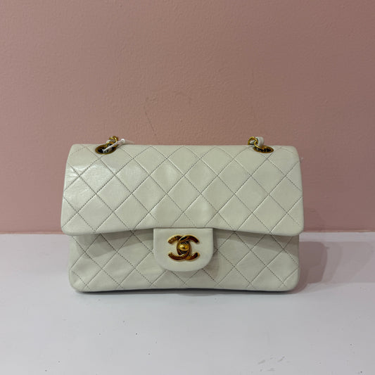 Chanel White Lambskin Leather Quilted Double Flap Shoulder Bag GHW