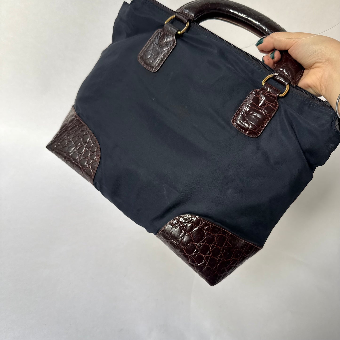 Prada Navy & Brown Nylon & Crocodile Top Handle Bag