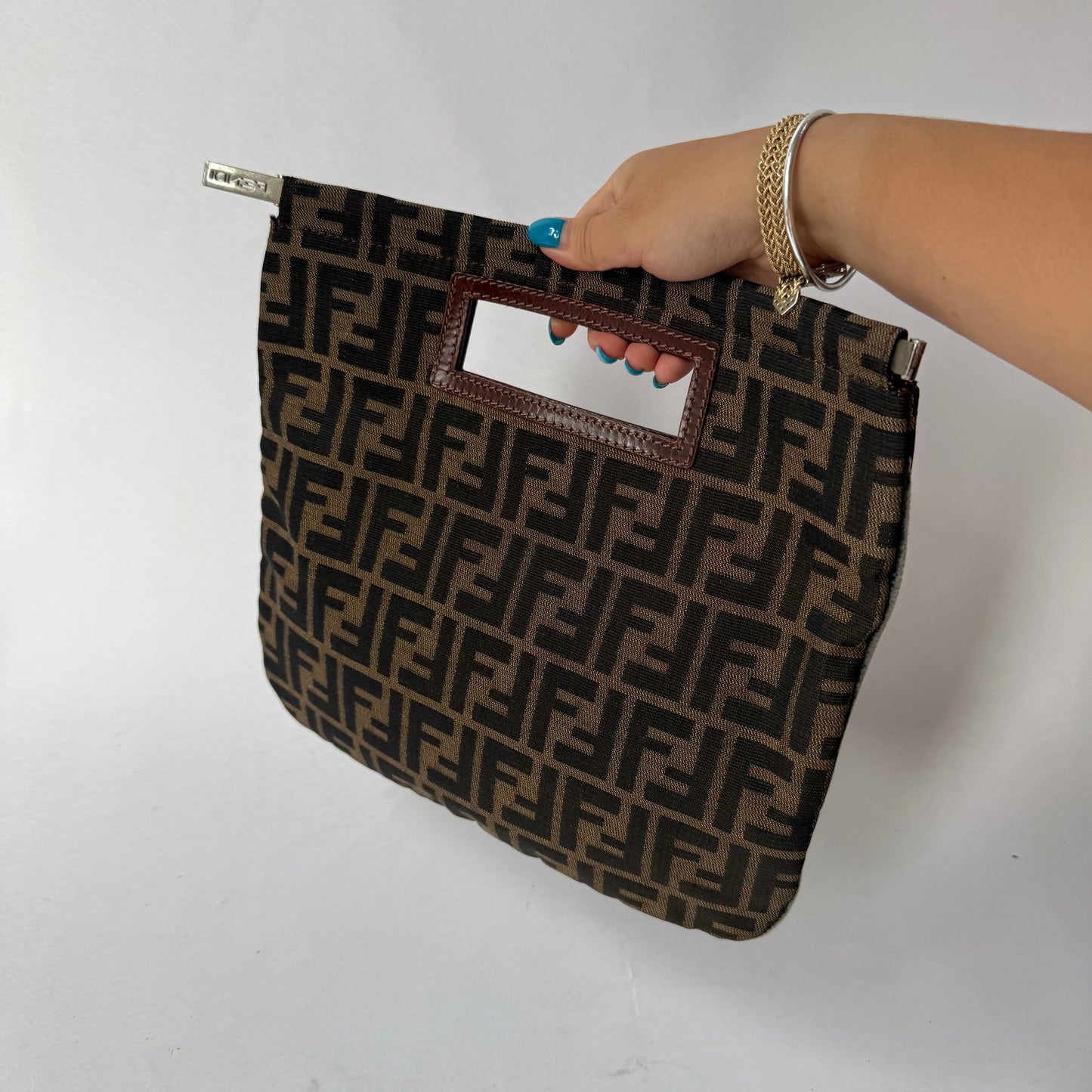 Fendi Zucca Monogram Silver Trim Top Handle Flat Bag