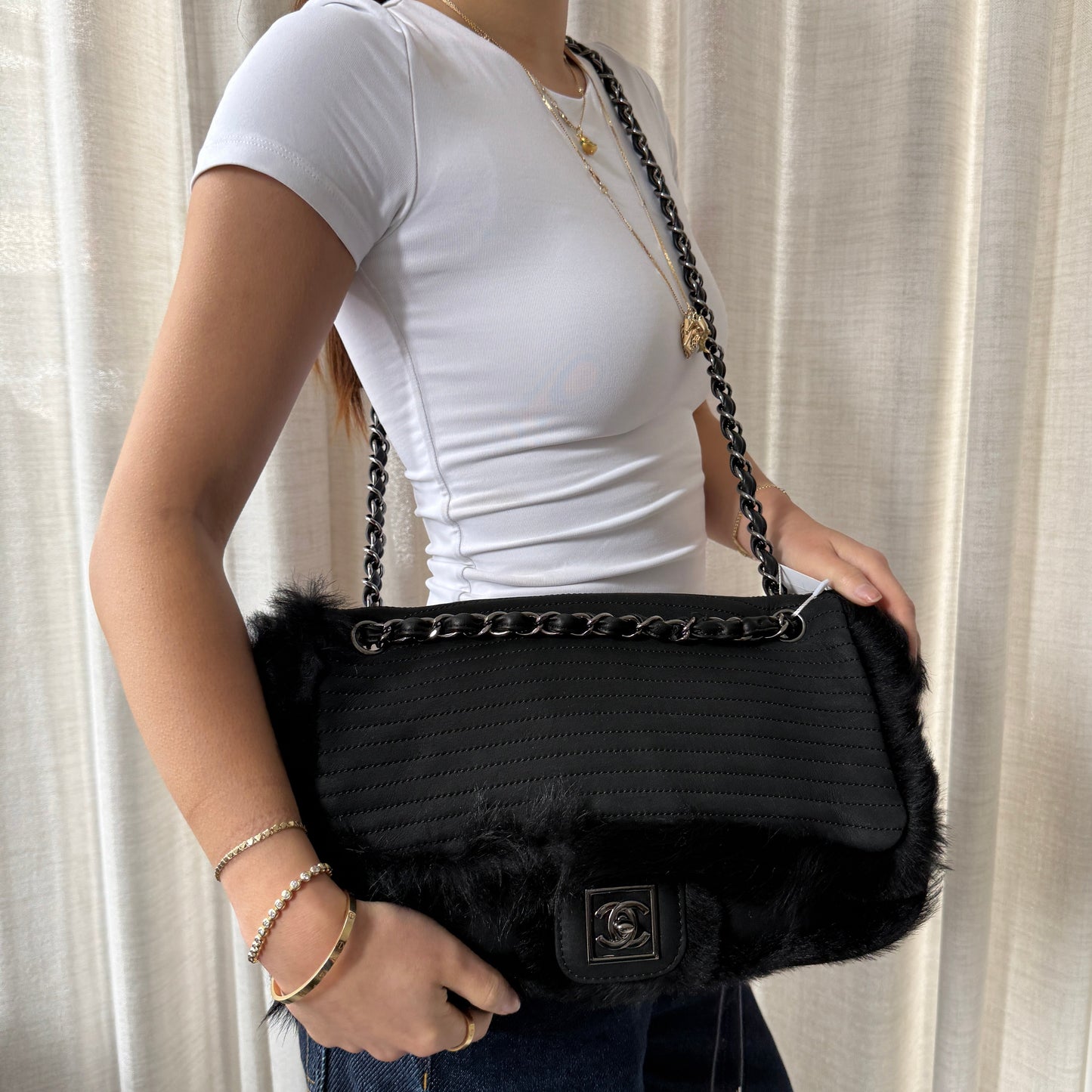 Chanel Black Suede & Fur Vertical Flap