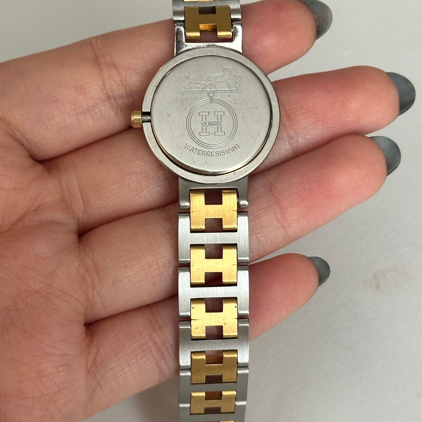 Hermes Dainty 24mm White Dial Clipper Two Tone Date Window Watch
