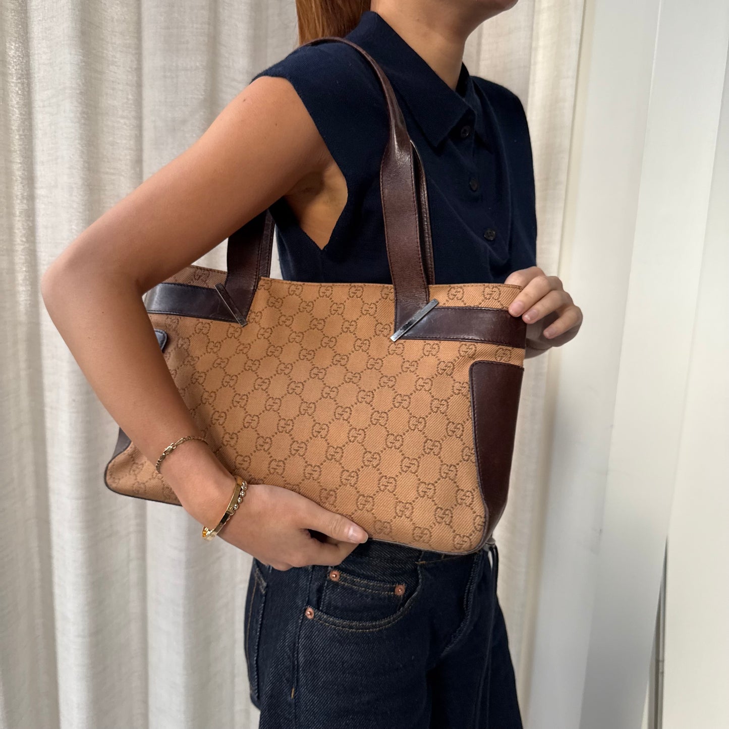 Gucci Brown Canvas & Leather Monogram Tote Bag