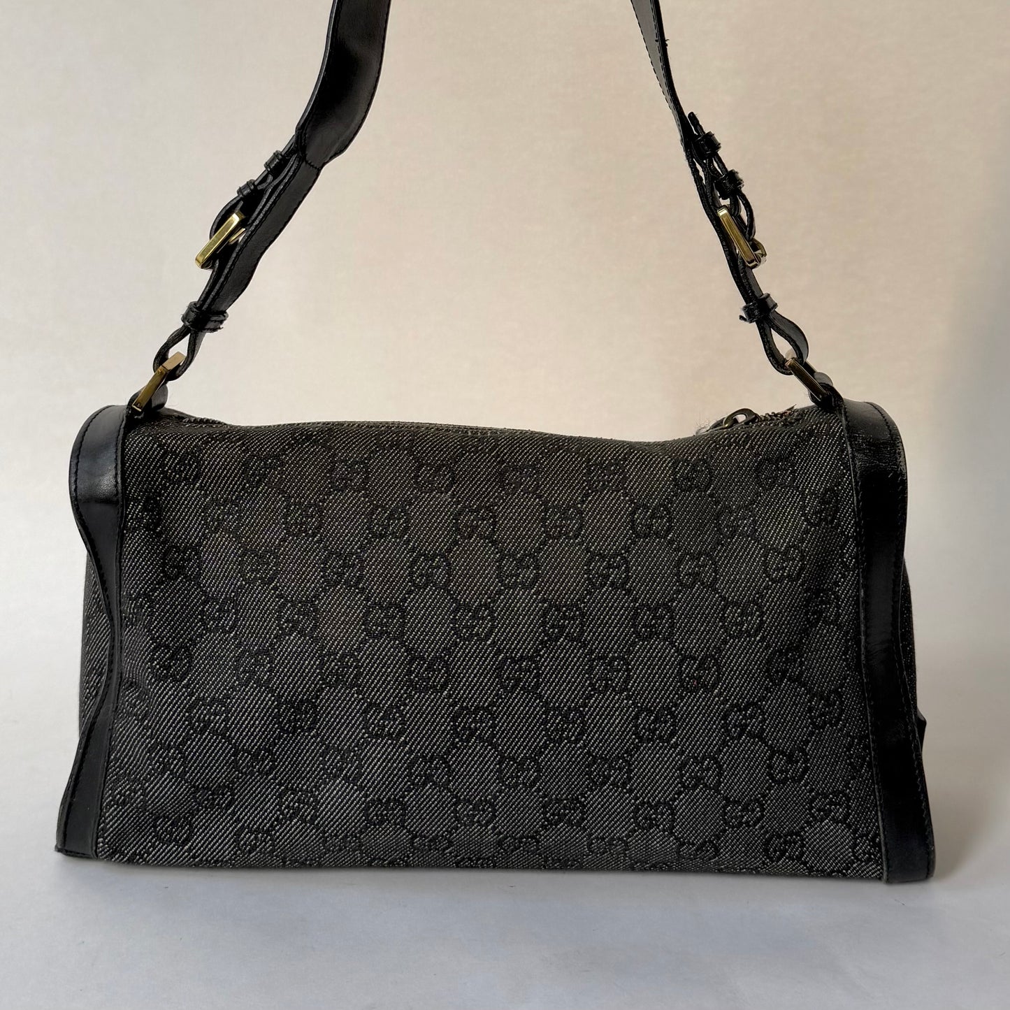 Gucci Black Denim & Leather Monogram Shoulder Bag