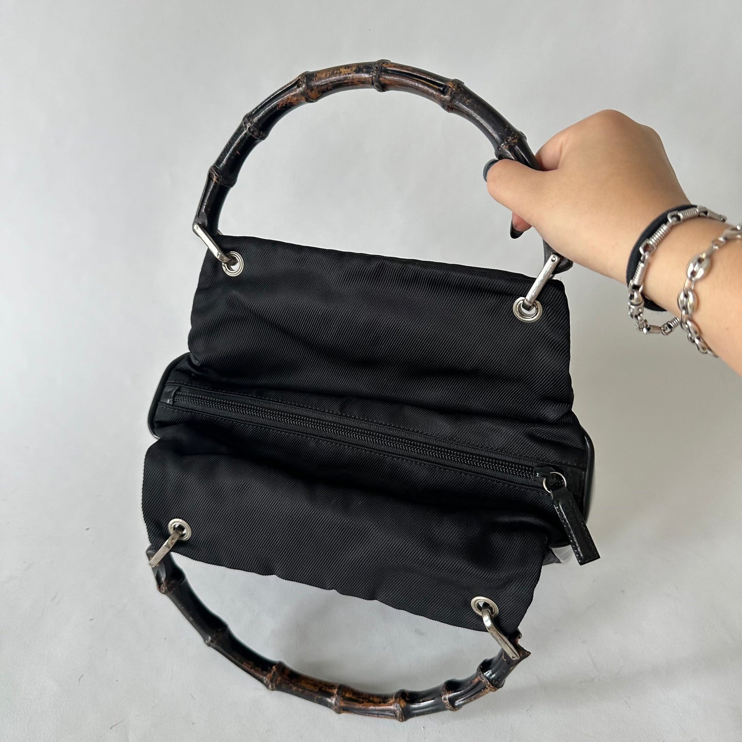 Gucci Black Nylon & Leather Bamboo Tote