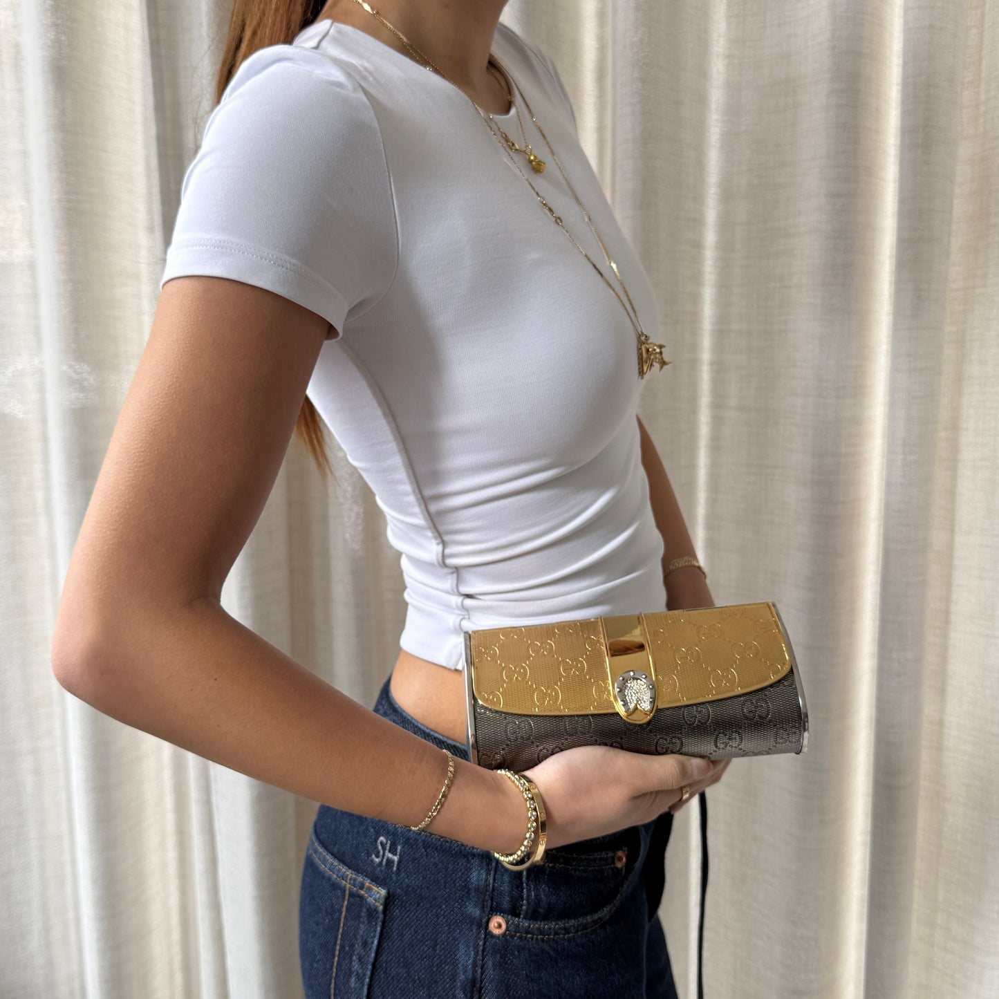 RARE Gucci Gold & Silver Metal Monogram Mini Clutch