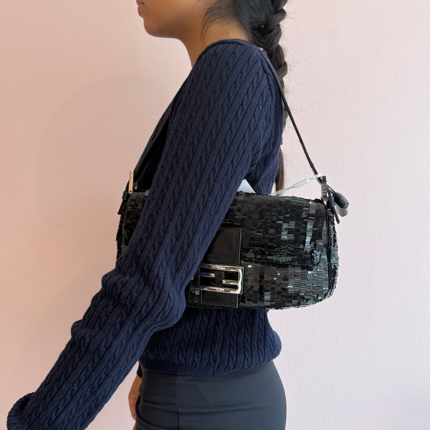 Fendi Black Sequin Baguette Shoulder Bag