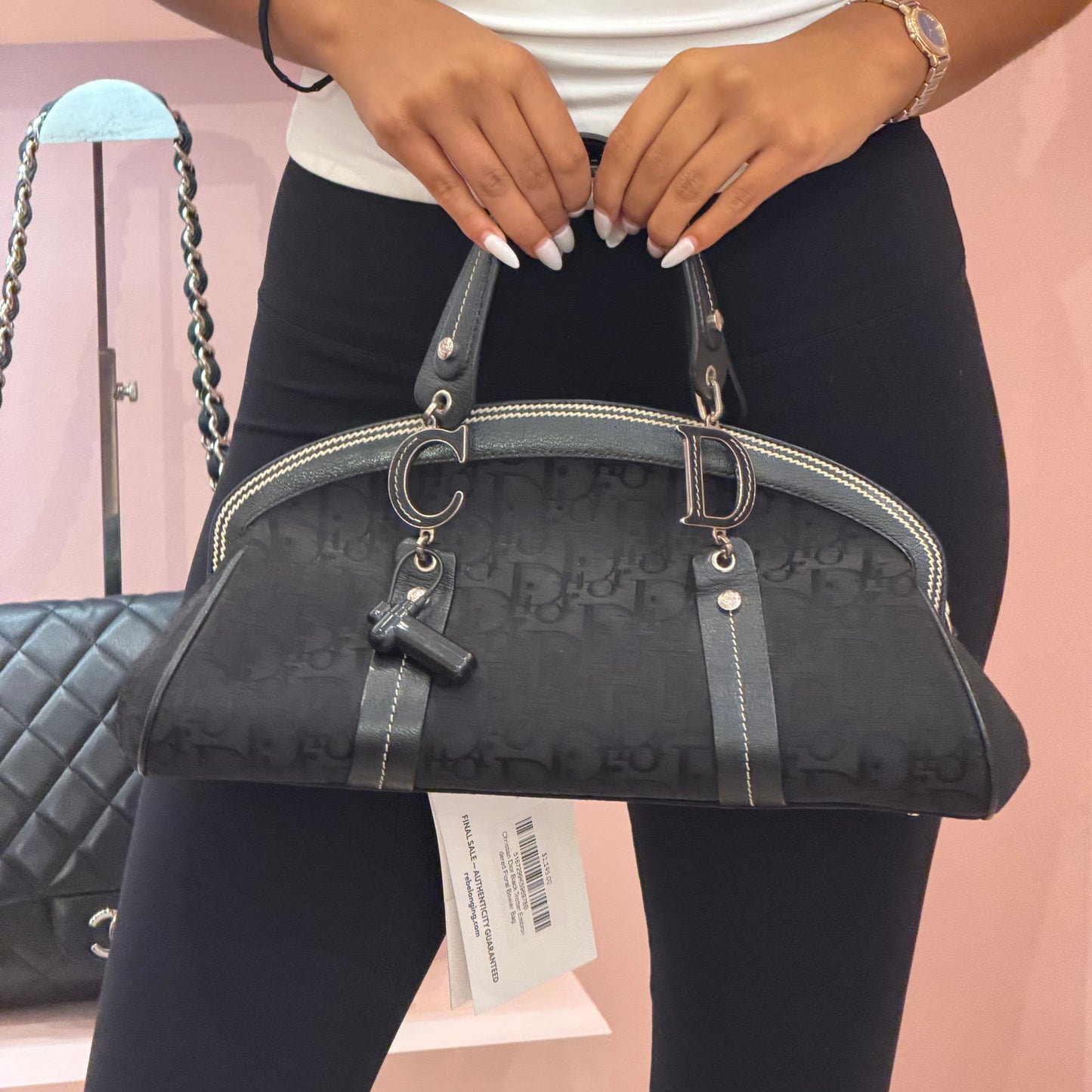 Christian Dior Black Trotter Embroidered Floral Bowler Bag