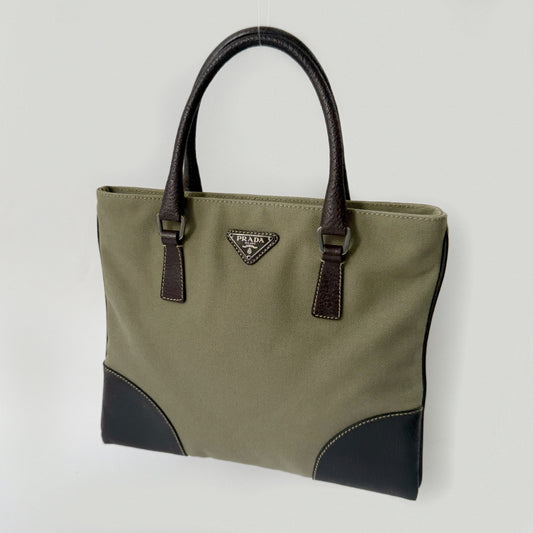 Prada Khaki Canvas & Brown Leather Mini Tote Bag