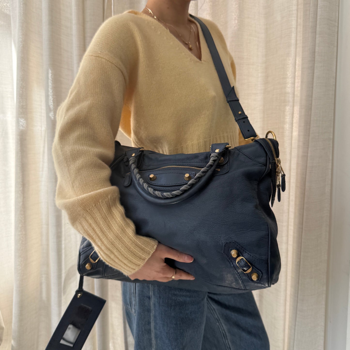 Balenciaga Dark Blue Leather Motorcycle Velo Bag w/ Crossbody Strap