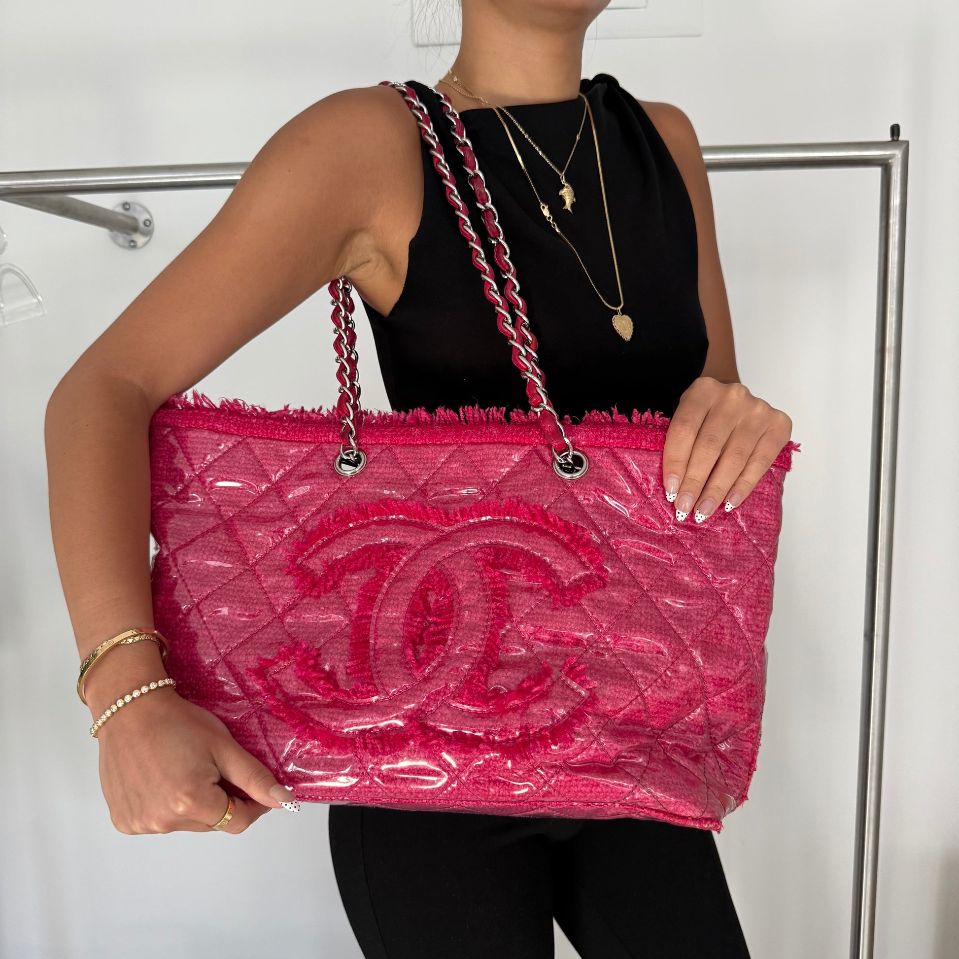 Chanel Pink Patent Leather Tweed Tote